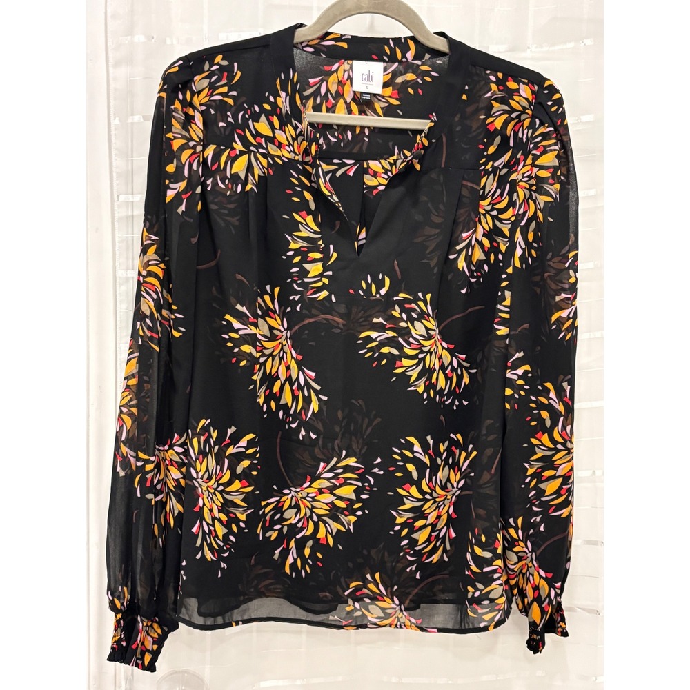 Cabi Fete Blouse 4531 Black Floral Burst Sheer Sleeve Pleated Back Top Large